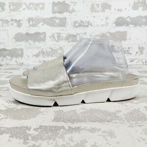 Stuart Weitzman Silver Metallic Slide Sandals with White Platform Sole